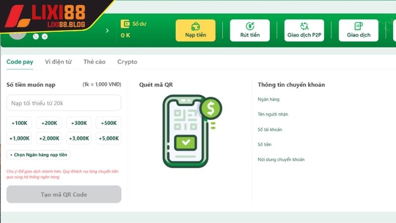 Hướng dẫn nạp tiền Lixi88 chi tiết qua từng hình thức Hướng dẫn nạp tiền Lixi88 chi tiết qua từng hình thức